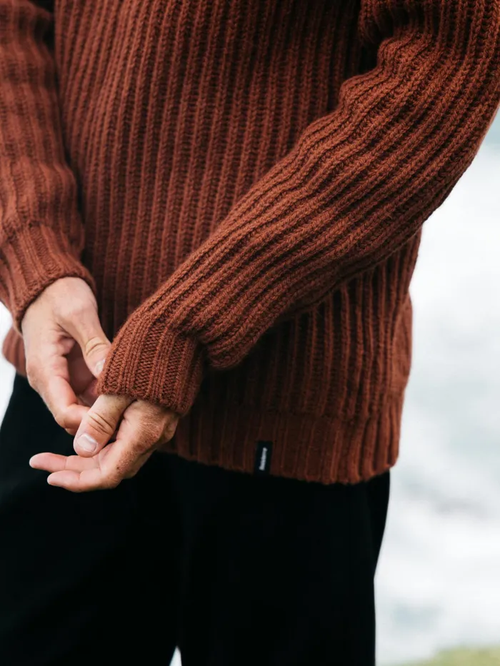 Finisterre Knitwear Men Needus Patched Crew Knit Sweater Dark Rosewood