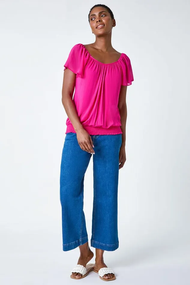 Fuchsia Chiffon Sleeve VNeck Stretch Jersey Top Women Roman Tops