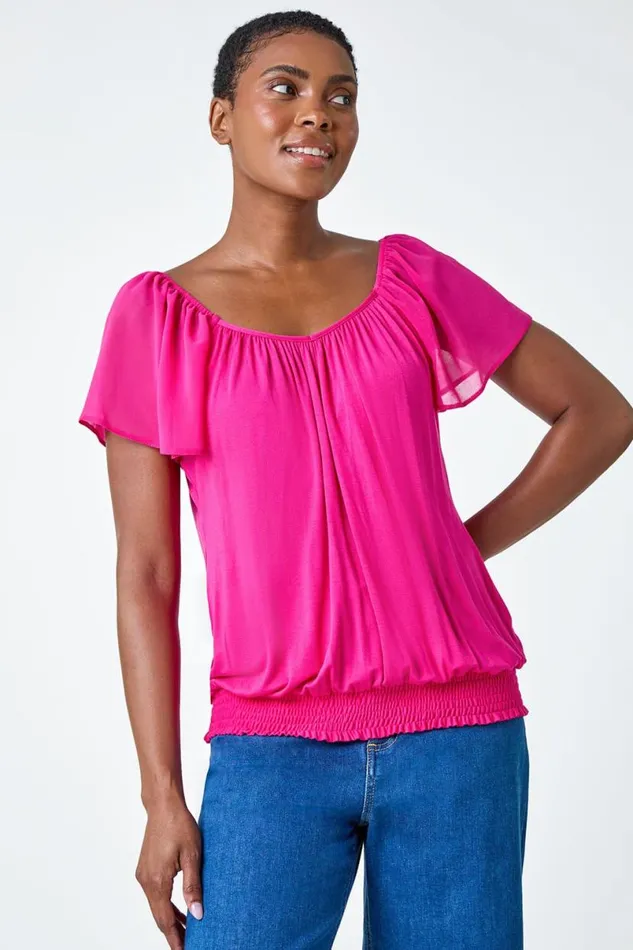 Fuchsia Chiffon Sleeve VNeck Stretch Jersey Top Women Roman Tops