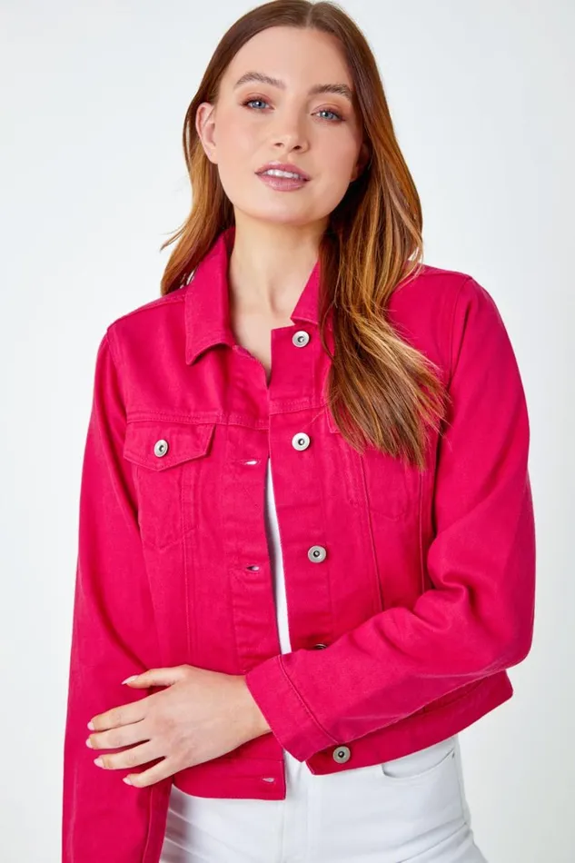 Fuchsia Classic Cotton Denim Jacket Women Roman Jackets