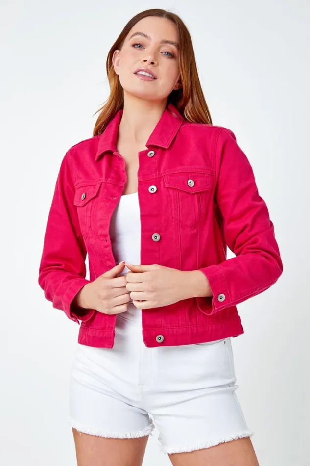 Fuchsia Classic Cotton Denim Jacket Women Roman Jackets