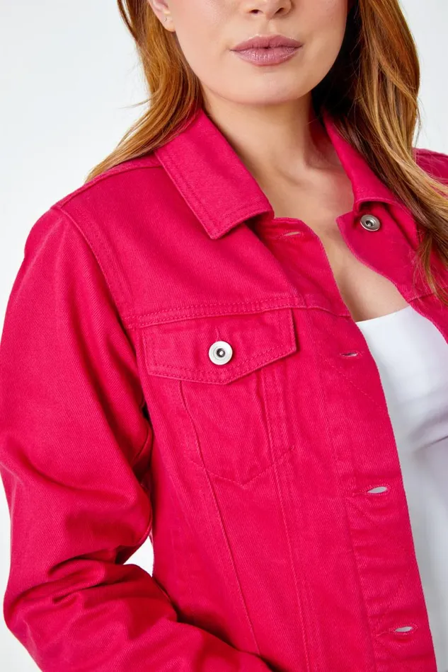 Fuchsia Classic Cotton Denim Jacket Women Roman Jackets