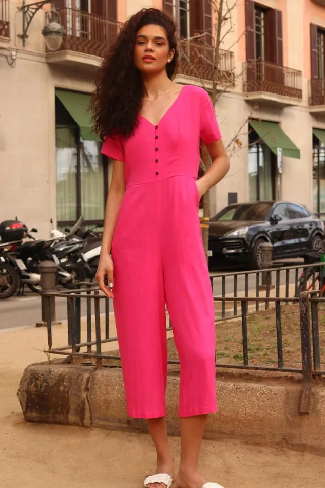 Fuchsia Cotton Blend Culotte Jumpsuit Women Roman Jumpsuits and Playsuits