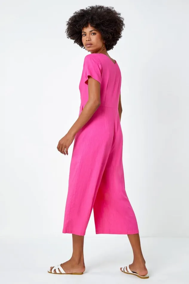 Fuchsia Cotton Blend Culotte Jumpsuit Women Roman Jumpsuits and Playsuits