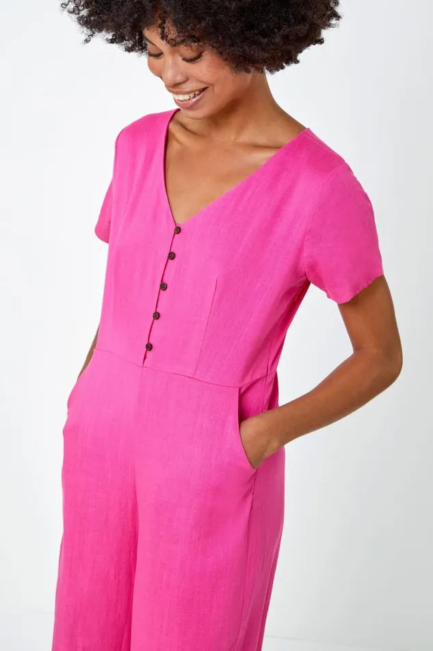 Fuchsia Cotton Blend Culotte Jumpsuit Women Roman Jumpsuits and Playsuits