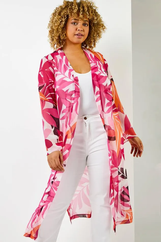 Fuchsia Curve Tropical Print Longline Kimono Women Roman Jackets