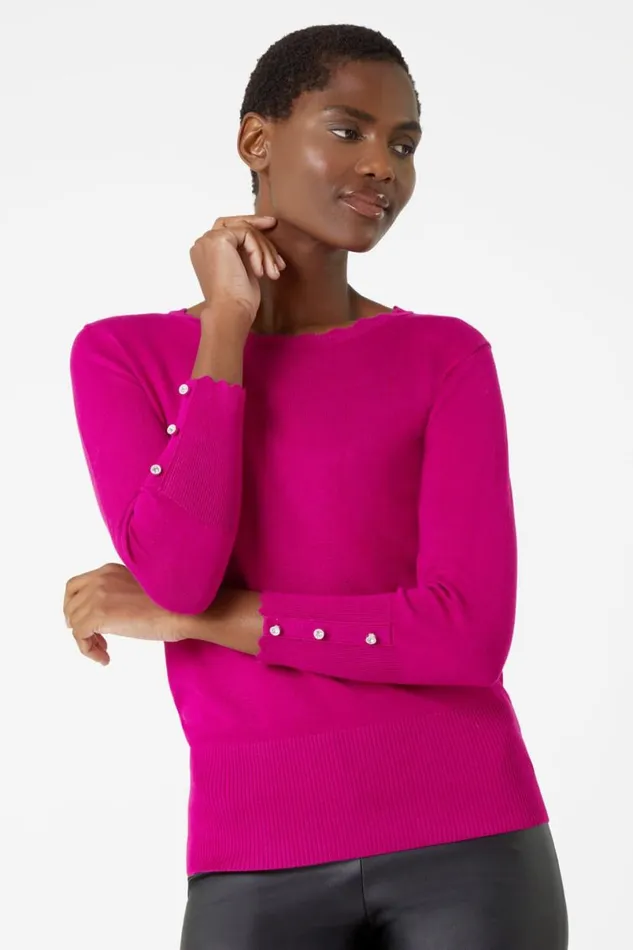 Fuchsia Diamante Button Scallop Edge Jumper Women Roman Knitwear