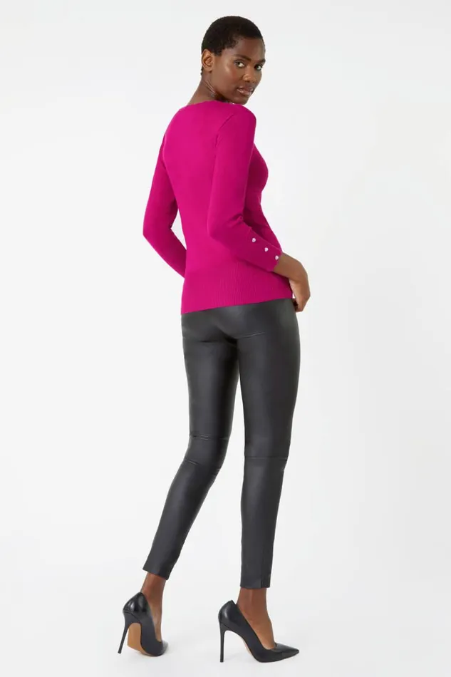 Fuchsia Diamante Button Scallop Edge Jumper Women Roman Knitwear