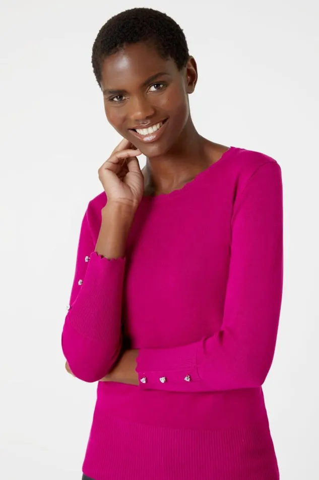 Fuchsia Diamante Button Scallop Edge Jumper Women Roman Knitwear