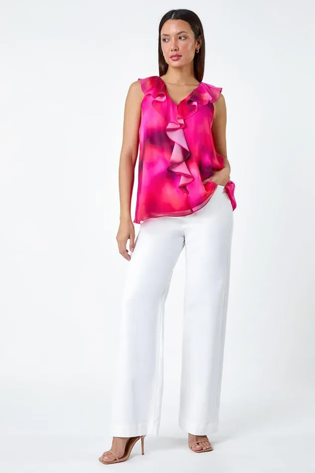 Fuchsia Ombre Print VNeck Ruffle Front Top Women Roman Tops