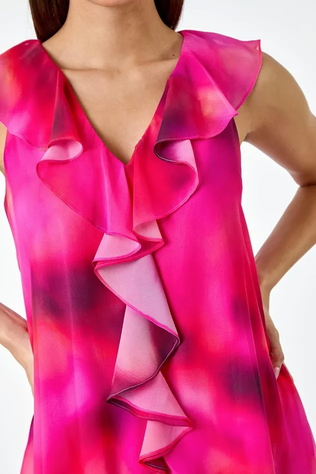 Fuchsia Ombre Print VNeck Ruffle Front Top Women Roman Tops