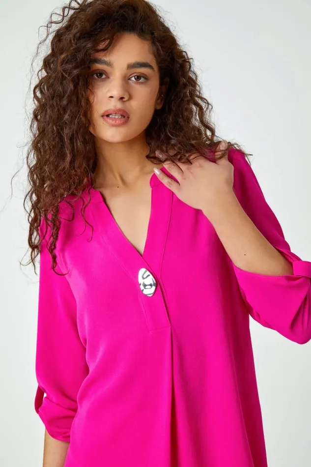 Fuchsia VNeck Longline Button Detail Tunic Top Women Roman Tops