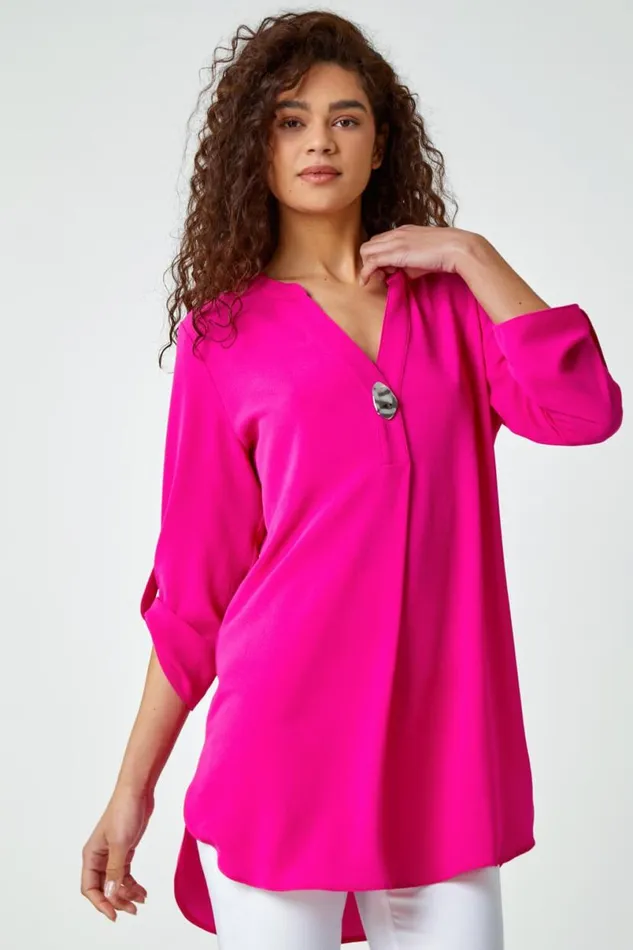 Fuchsia VNeck Longline Button Detail Tunic Top Women Roman Tops
