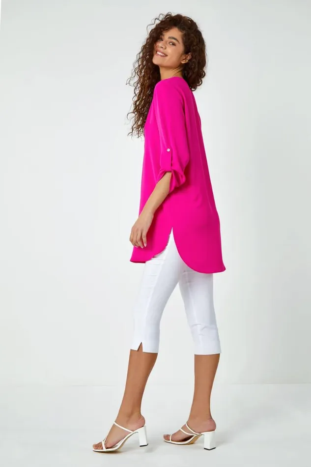 Fuchsia VNeck Longline Button Detail Tunic Top Women Roman Tops