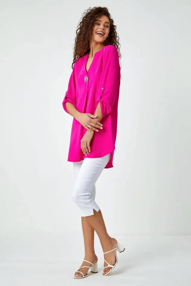 Fuchsia VNeck Longline Button Detail Tunic Top Women Roman Tops