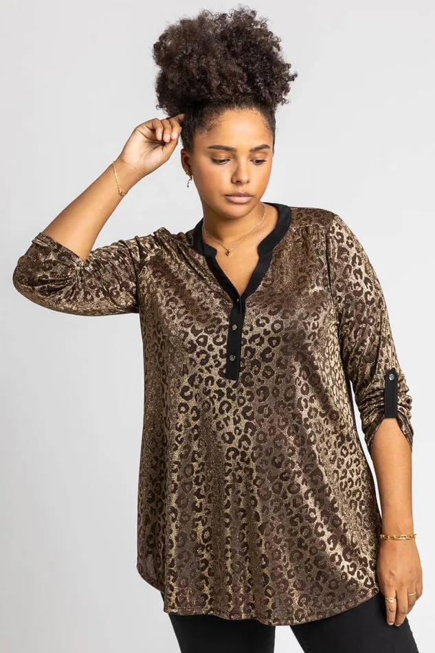Gold Curve Animal Print Jacquard Tunic Top Women Roman Tops