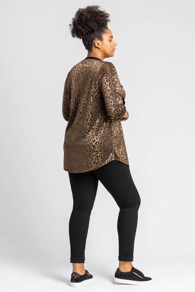 Gold Curve Animal Print Jacquard Tunic Top Women Roman Tops