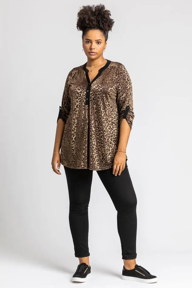 Gold Curve Animal Print Jacquard Tunic Top Women Roman Tops