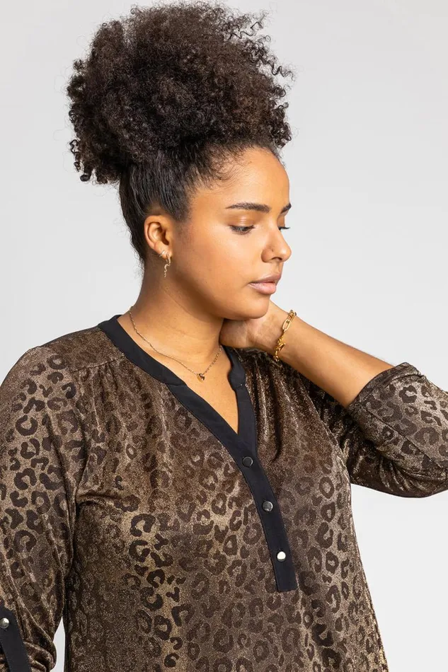 Gold Curve Animal Print Jacquard Tunic Top Women Roman Tops