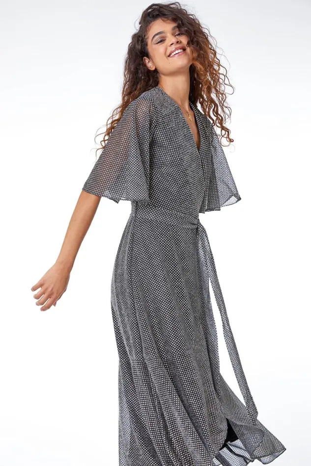 Gold Shimmer Spot Ruched Wrap Midi Dress Women Roman Dresses