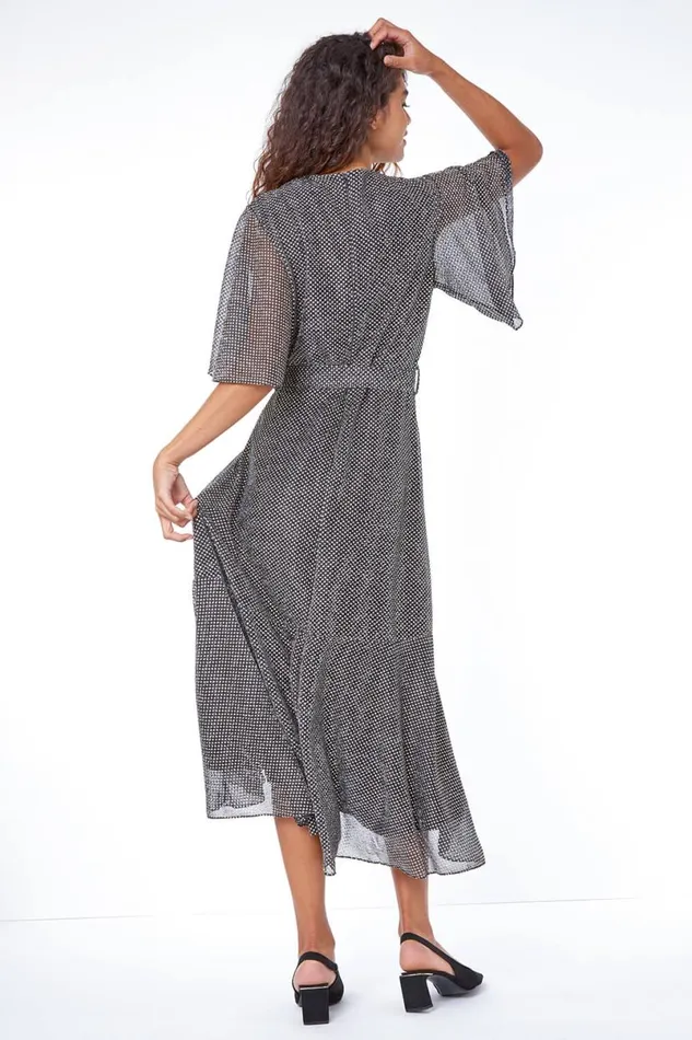Gold Shimmer Spot Ruched Wrap Midi Dress Women Roman Dresses
