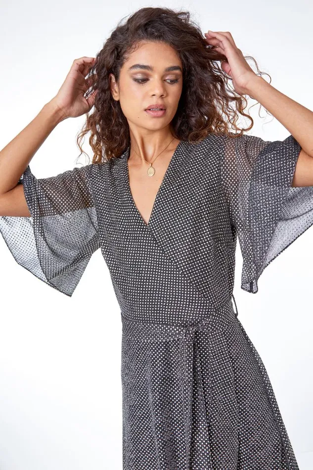Gold Shimmer Spot Ruched Wrap Midi Dress Women Roman Dresses