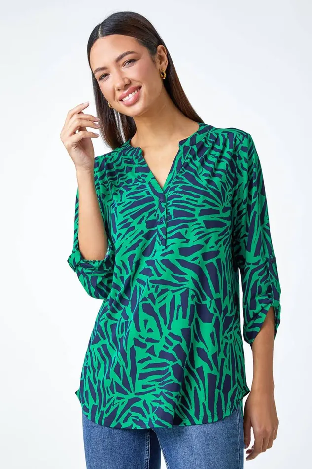 Green Abstract Animal Stretch VNeck Jersey Top Women Roman Tops