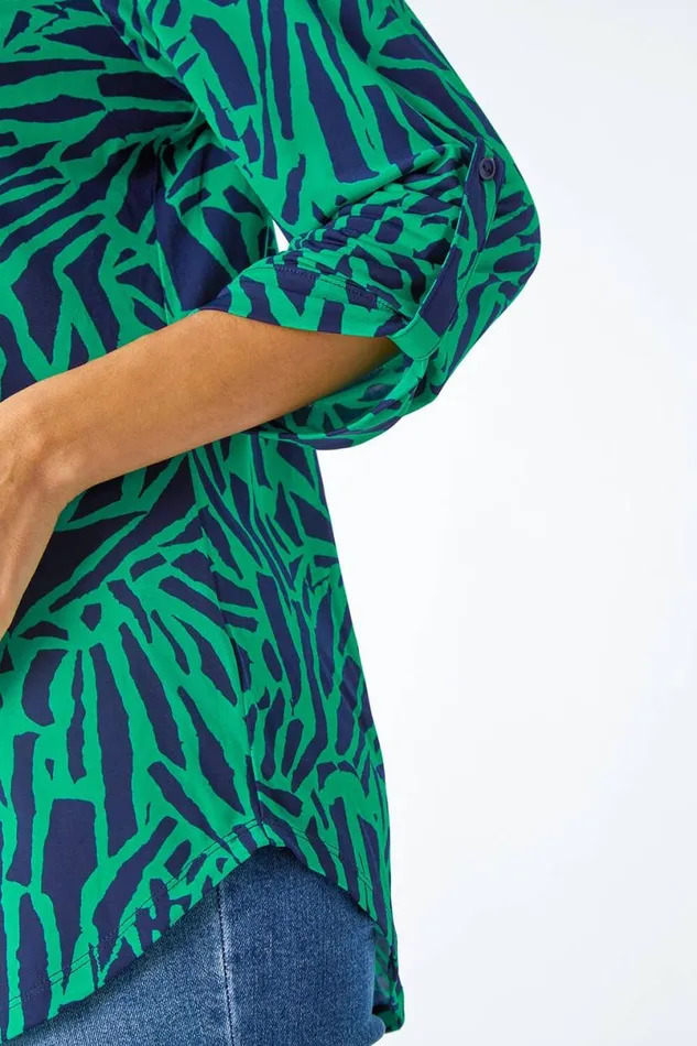 Green Abstract Animal Stretch VNeck Jersey Top Women Roman Tops