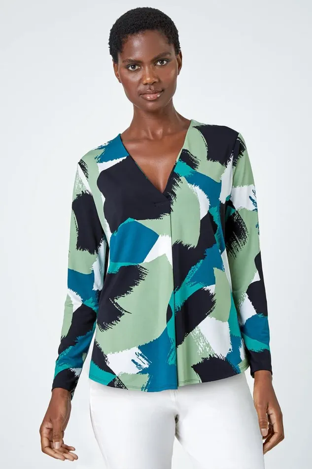 Green Abstract Print Pleat Stretch Top Women Roman Tops