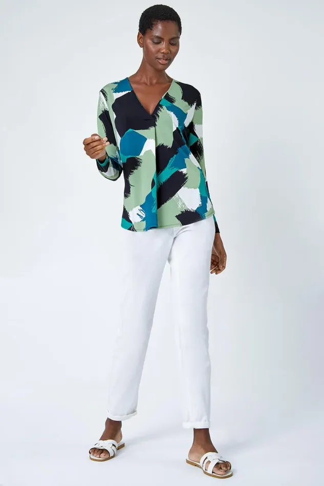 Green Abstract Print Pleat Stretch Top Women Roman Tops