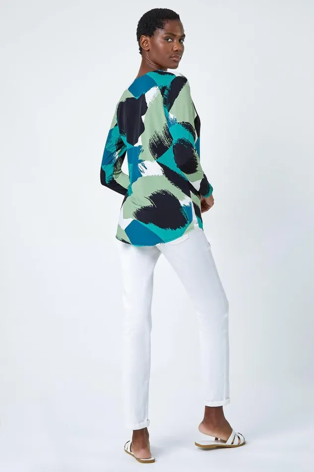 Green Abstract Print Pleat Stretch Top Women Roman Tops