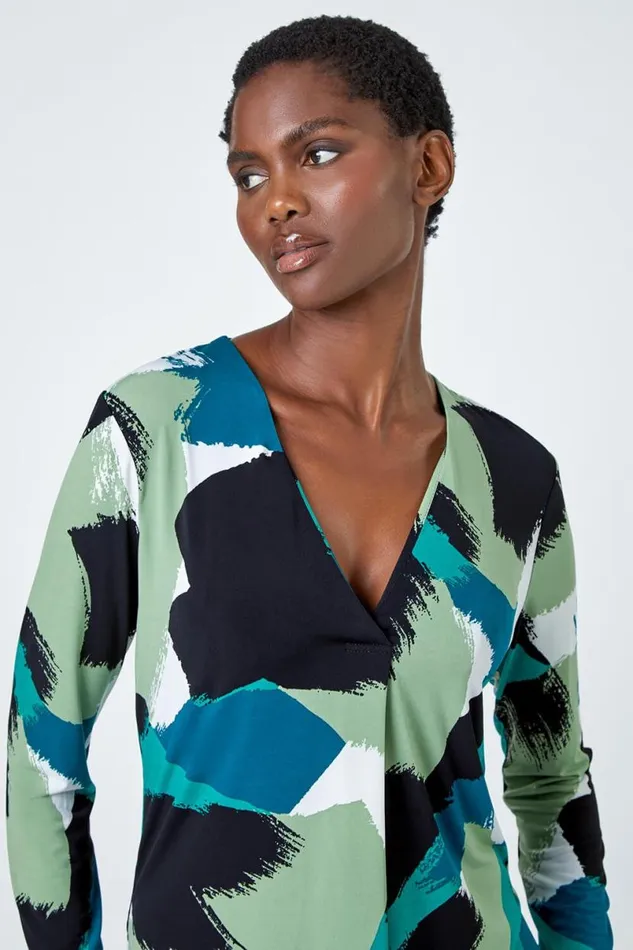 Green Abstract Print Pleat Stretch Top Women Roman Tops