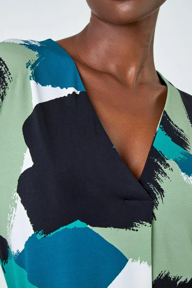 Green Abstract Print Pleat Stretch Top Women Roman Tops