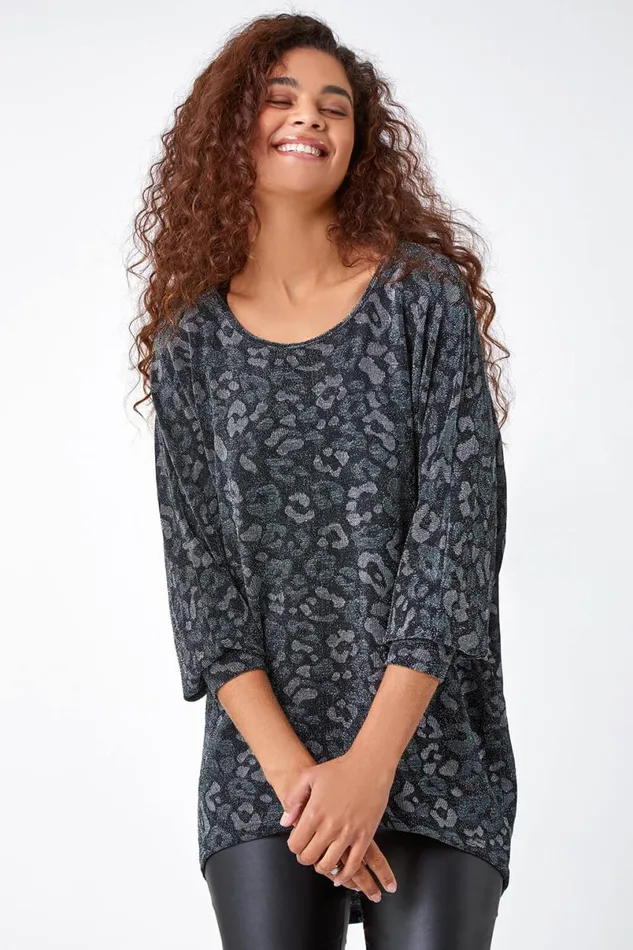 Green Animal Print Shimmer Stretch Top Women Roman Tops