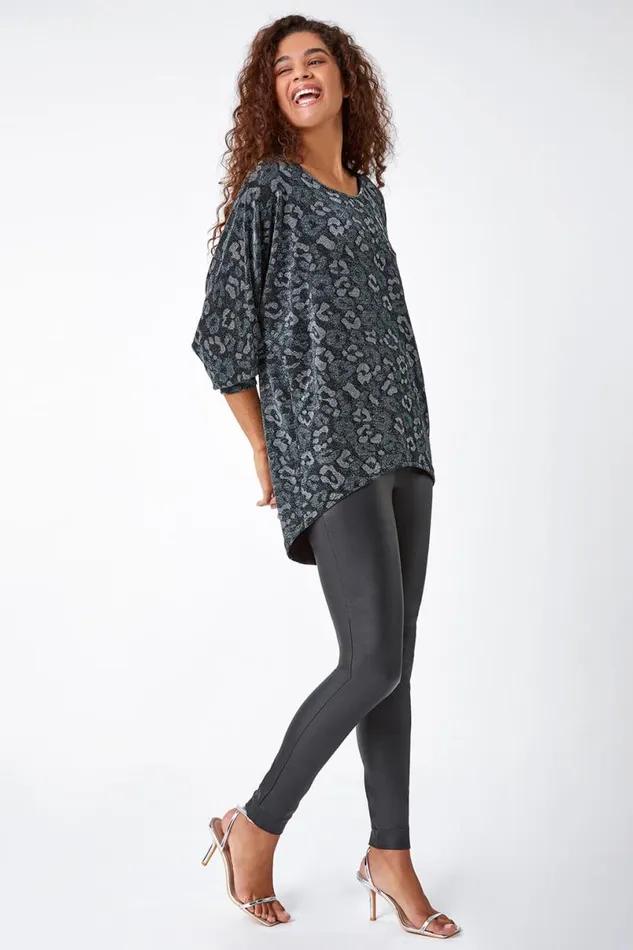 Green Animal Print Shimmer Stretch Top Women Roman Tops