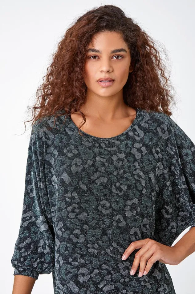 Green Animal Print Shimmer Stretch Top Women Roman Tops