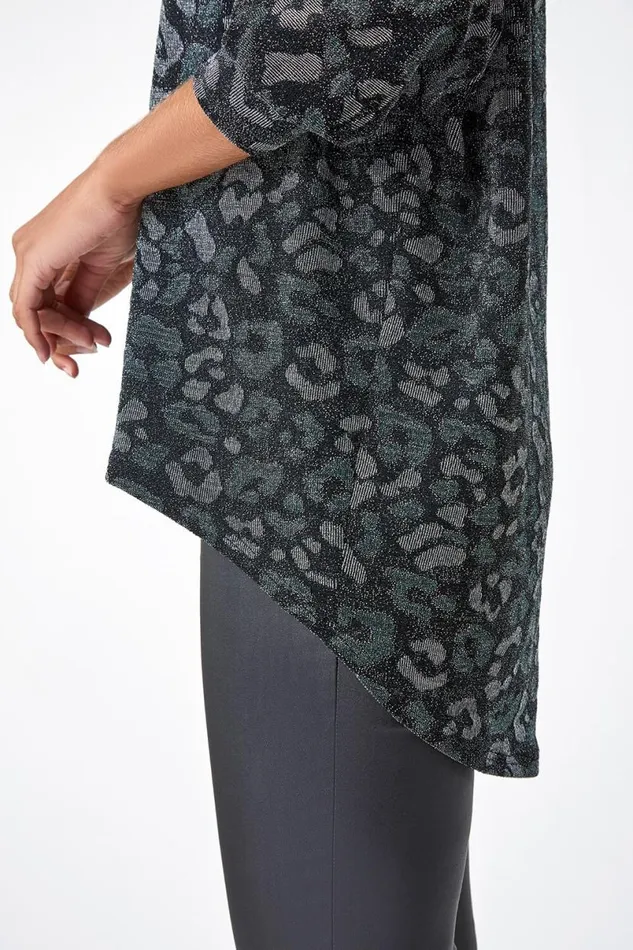 Green Animal Print Shimmer Stretch Top Women Roman Tops