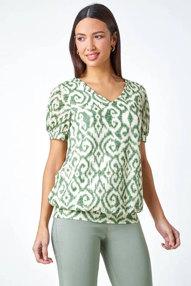 Green Aztec Print VNeck Blouson Hem Top Women Roman Tops