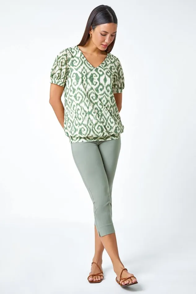 Green Aztec Print VNeck Blouson Hem Top Women Roman Tops