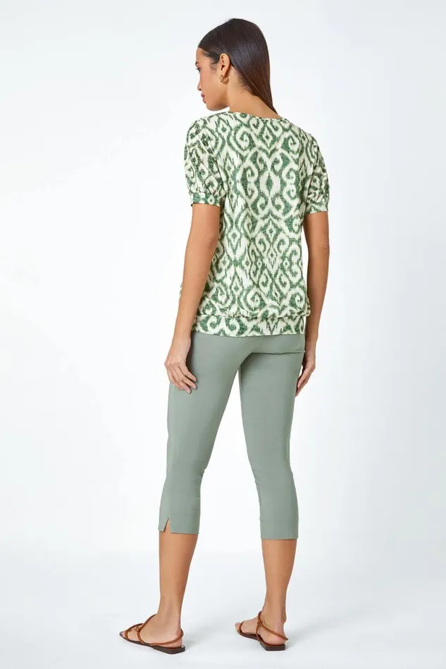 Green Aztec Print VNeck Blouson Hem Top Women Roman Tops
