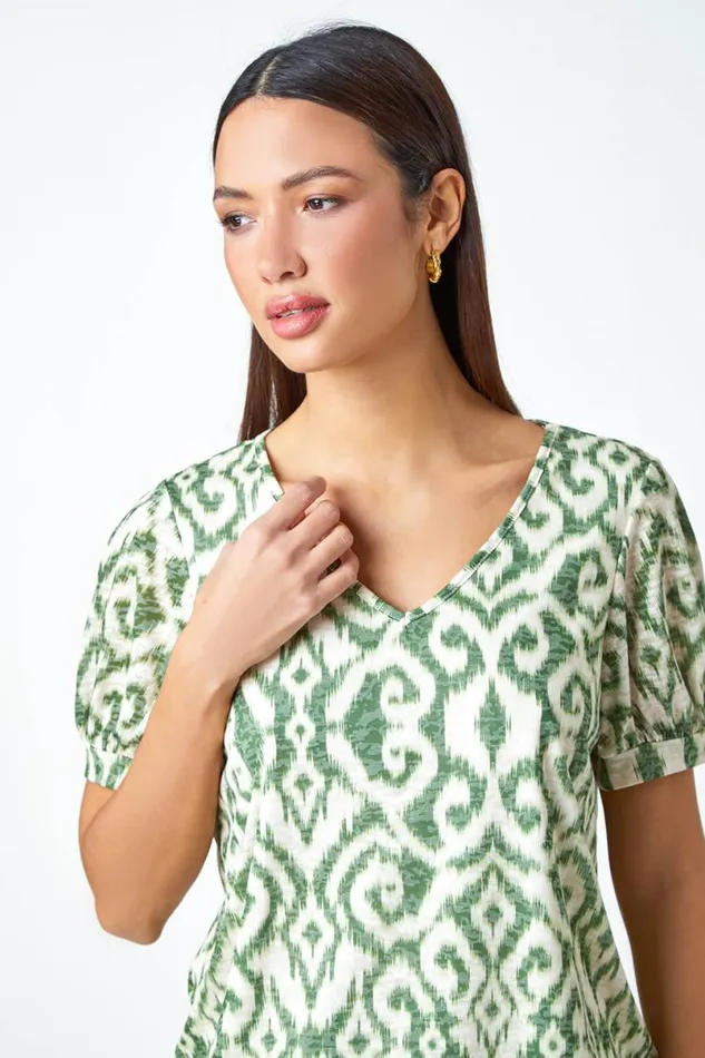 Green Aztec Print VNeck Blouson Hem Top Women Roman Tops