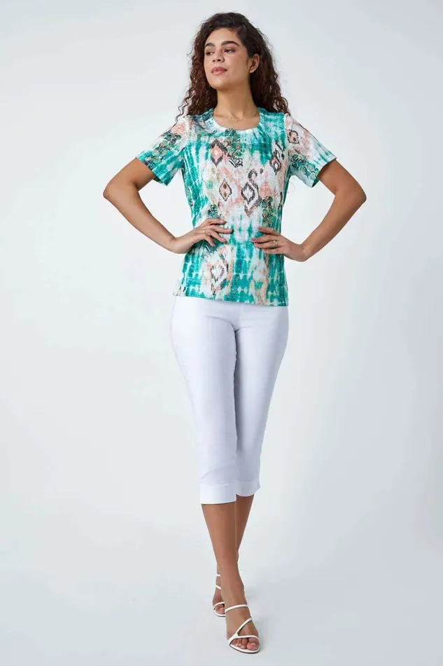 Green Burnout Aztec Print Diamante Top Women Roman Tops