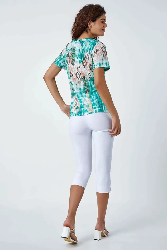 Green Burnout Aztec Print Diamante Top Women Roman Tops