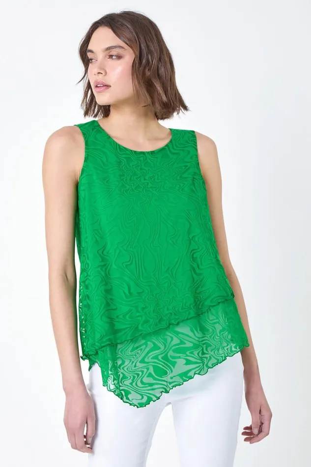 Green Burnout Swirl Print Asymmetric Top Women Roman Tops