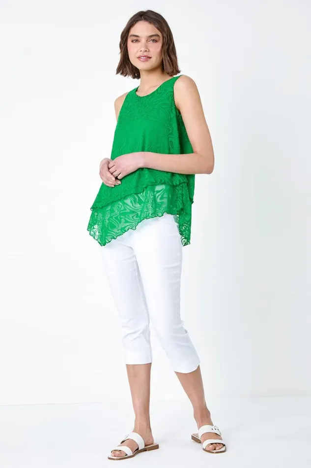 Green Burnout Swirl Print Asymmetric Top Women Roman Tops