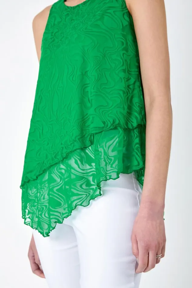 Green Burnout Swirl Print Asymmetric Top Women Roman Tops