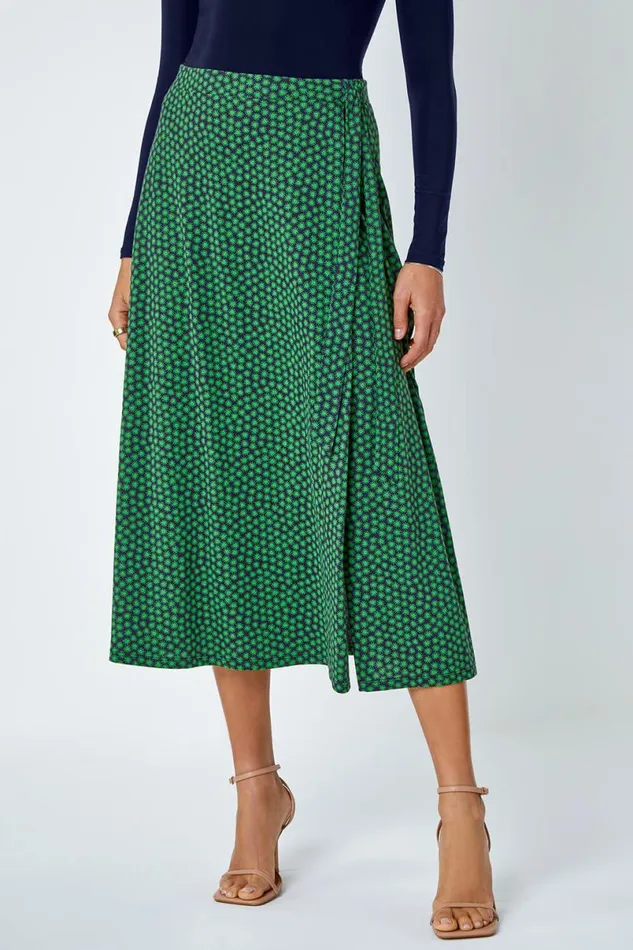 Green Cotton Blend Spot Print Midi Wrap Skirt Women Roman Skirts