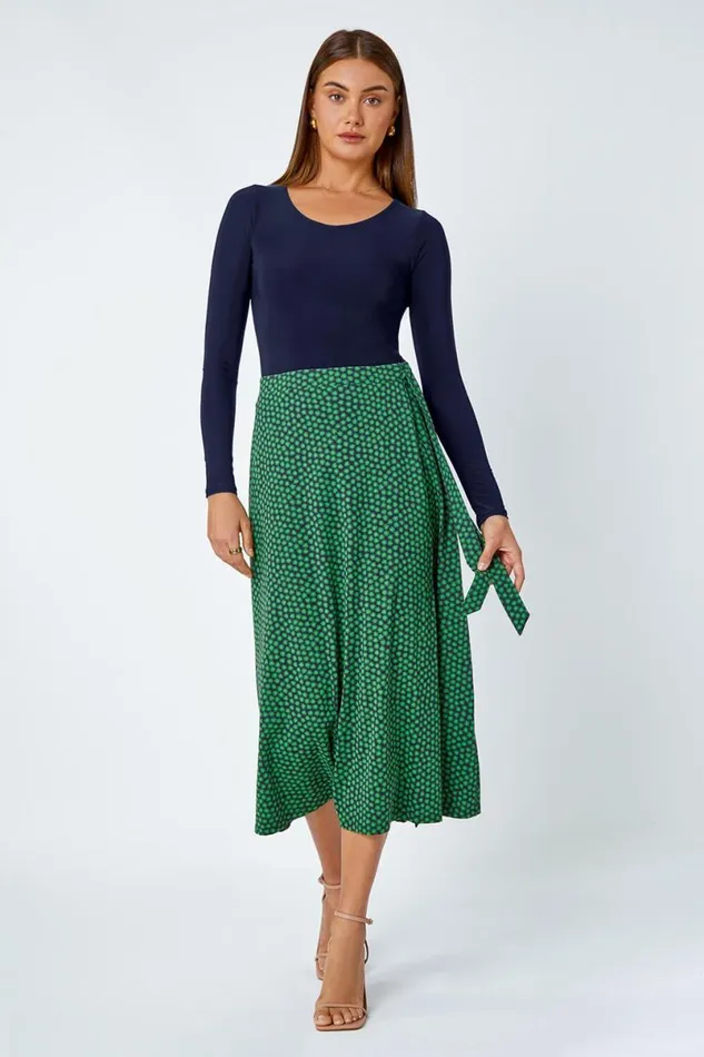 Green Cotton Blend Spot Print Midi Wrap Skirt Women Roman Skirts