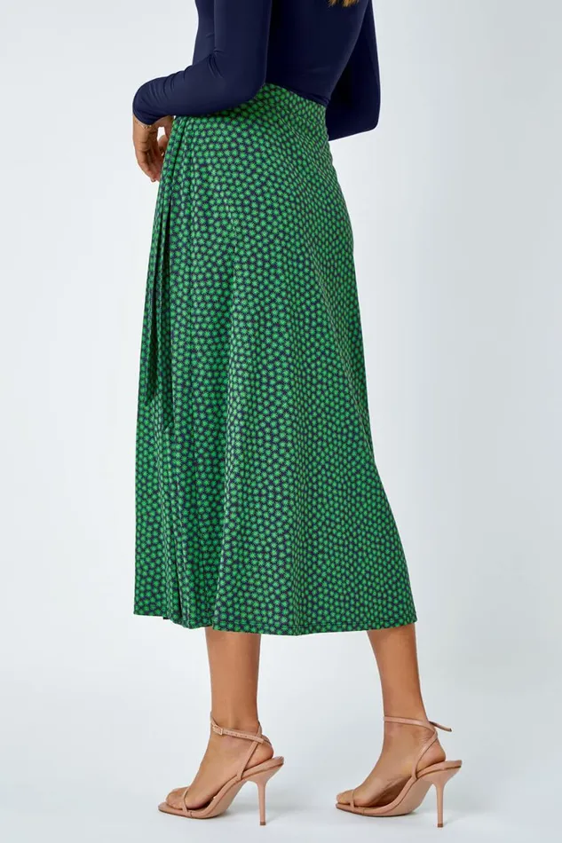 Green Cotton Blend Spot Print Midi Wrap Skirt Women Roman Skirts
