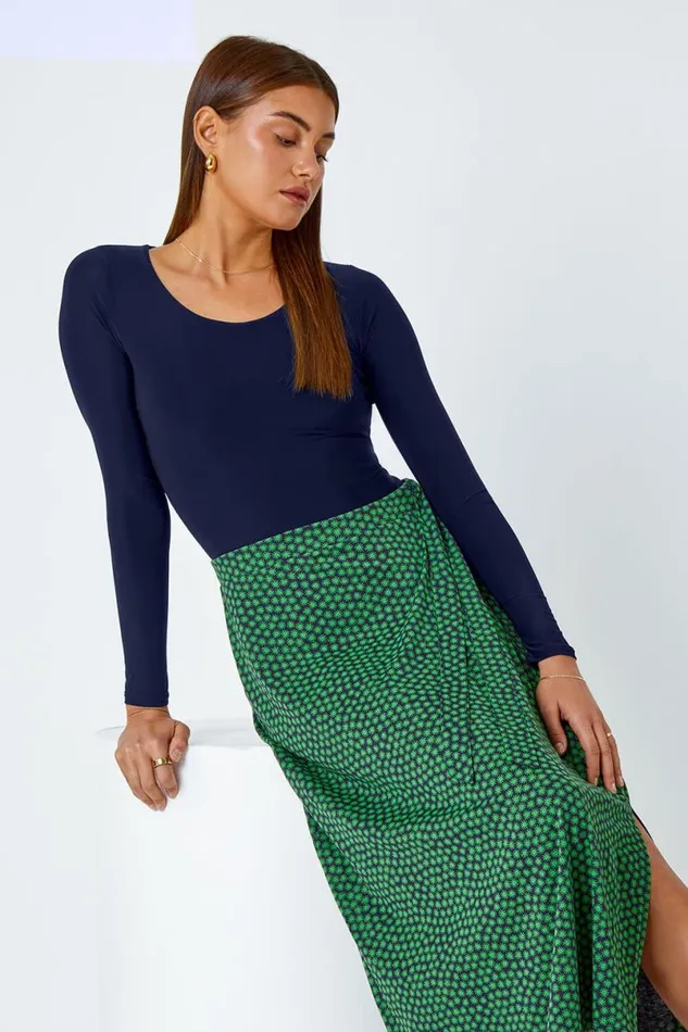 Green Cotton Blend Spot Print Midi Wrap Skirt Women Roman Skirts